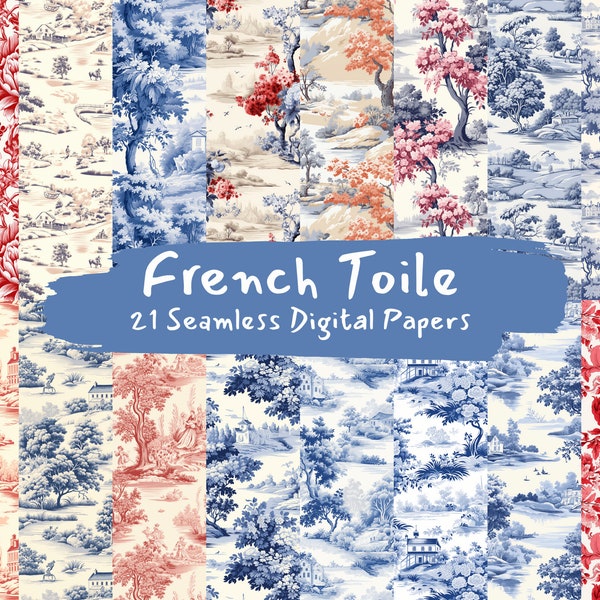 French Toile Pattern Seamless Digital Papers - tile patterns printable scrapbook paper instant download for commercial use, 300dpi