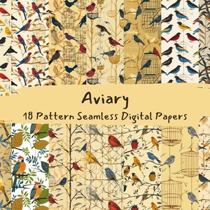 Può includere: Un set di 18 carte digitali con motivi senza cuciture di uccelli, gabbie e rami in stile vintage. I motivi sono in tonalità di giallo, rosso, blu e verde su uno sfondo crema. Il testo "Aviary 18 Pattern Seamless Digital Papers" è visualizzato nella parte superiore dell'immagine.