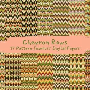 Puede incluir: Un conjunto de 17 papeles digitales con patrones de chevron en varios colores, incluyendo verde, marrón, amarillo y naranja. Los papeles son sin costuras y se pueden utilizar para una variedad de proyectos de manualidades.