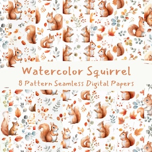 May include: Eight watercolor patterns featuring cute squirrels with autumn leaves and branches. The patterns are seamless and perfect for digital scrapbooking, crafting, and other creative projects.