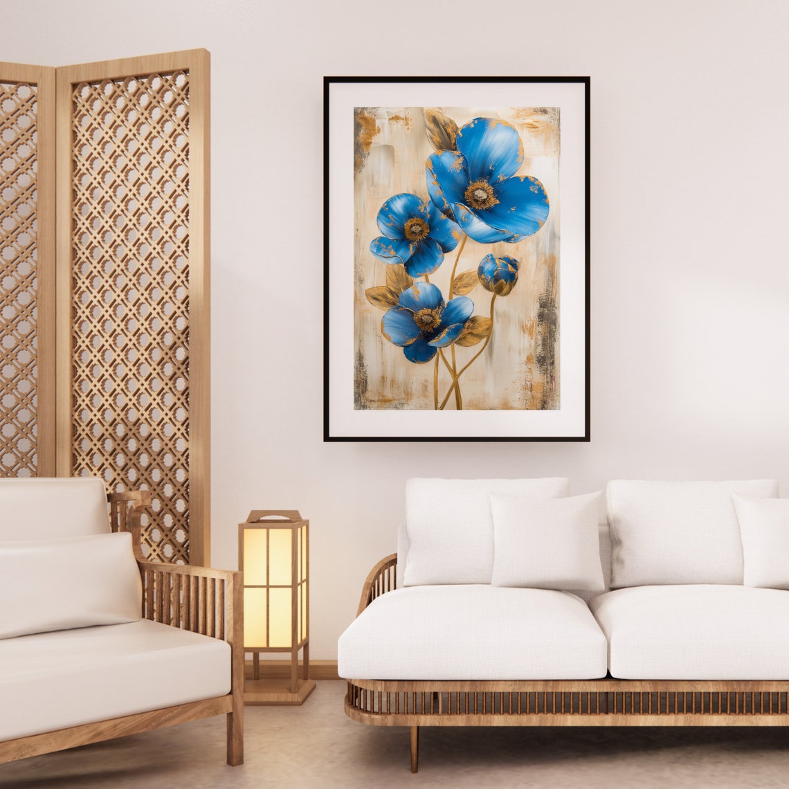 Abstract Blue and Gold Flowers on Beige With Gold Accents - Elegant ...