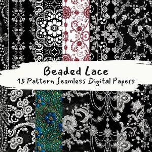 May include: A digital paper pack with 15 seamless patterns featuring beaded lace designs in black, white, and red. The patterns include floral motifs, geometric shapes, and intricate beadwork.