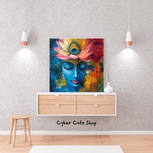 May include: A colourful painting of a blue-skinned deity with closed eyes, wearing a flower crown and a peacock feather. The background is a mix of abstract shapes and colours.