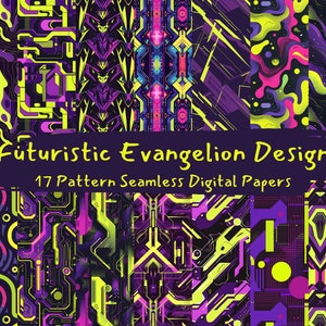 Könnte beinhalten: Ein Set mit 17 digitalen Papiermustern mit futuristischen und Neon-Designs. Die Muster umfassen geometrische Formen, Linien und abstrakte Designs in den Farben Lila, Grün und Gelb.