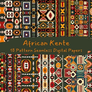 May include: A set of 18 digital papers featuring colorful geometric patterns inspired by African Kente cloth. The patterns are a mix of red, yellow, green, black, and white.