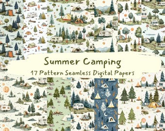 Summer Camping Pattern Seamless Digital Papers - printable scrapbook paper png instant download commercial use 300dpi