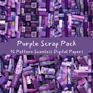 Peut inclure: Un ensemble de papiers numériques à motifs violets, disposés pour créer un fond texturé. L'image présente diverses nuances de violet, avec le texte "Purple Scrap Pack" et "16 Pattern Seamless Digital Papers" sur une bannière violette.