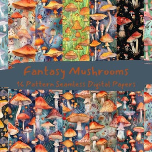 Fantasy Mushrooms Pattern Seamless Digital Papers - printable scrapbook paper png instant download commercial use 300dpi