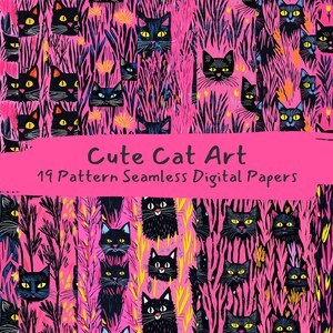 Cute Cat Art Pattern Seamless Digital Papers - printable scrapbook paper png instant download commercial use 300dpi
