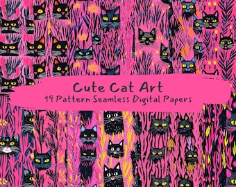 Cute Cat Art Pattern Seamless Digital Papers - printable scrapbook paper png instant download commercial use 300dpi