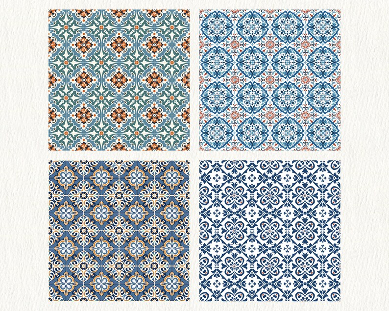 Portuguese Ceramic Tiles Pattern Seamless Digital Papers - printable scrapbook paper instant download, commercial use, 300dpi image 2