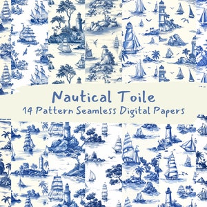 May include: A set of 14 digital papers featuring a nautical toile pattern. The papers feature blue and white illustrations of sailboats, lighthouses, palm trees, and islands on a cream background.  The text "Nautical Toile 14 Pattern Seamless Digital Papers" is displayed on a banner.