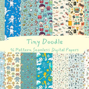 May include: A set of 16 digital paper patterns featuring tiny doodle illustrations. The patterns include various themes such as gaming, space, and everyday life. The patterns are in a blue and yellow color scheme.