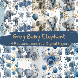 Sömlösa digitala papper med grå elefantungemönster - utskrivbart scrapbookpapper direktnedladdning för kommersiellt bruk, 300 dpi