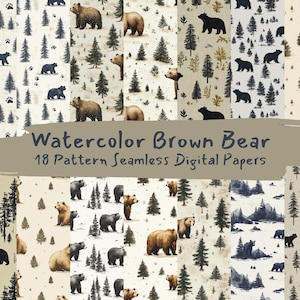 Acquerello Orso Bruno Modello Senza Cuciture Digital Papers - carta per scrapbooking stampabile png download immediato uso commerciale 300 dpi