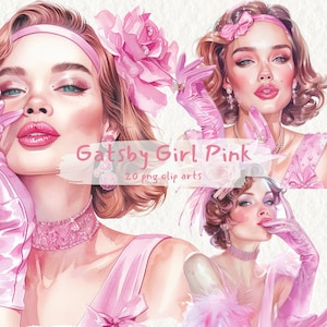 Gatsby Girl Pink digital druckbare Clipart-Bundle im PNG-Format transparenter Hintergrund-Sofort-Download für kommerzielle Nutzung