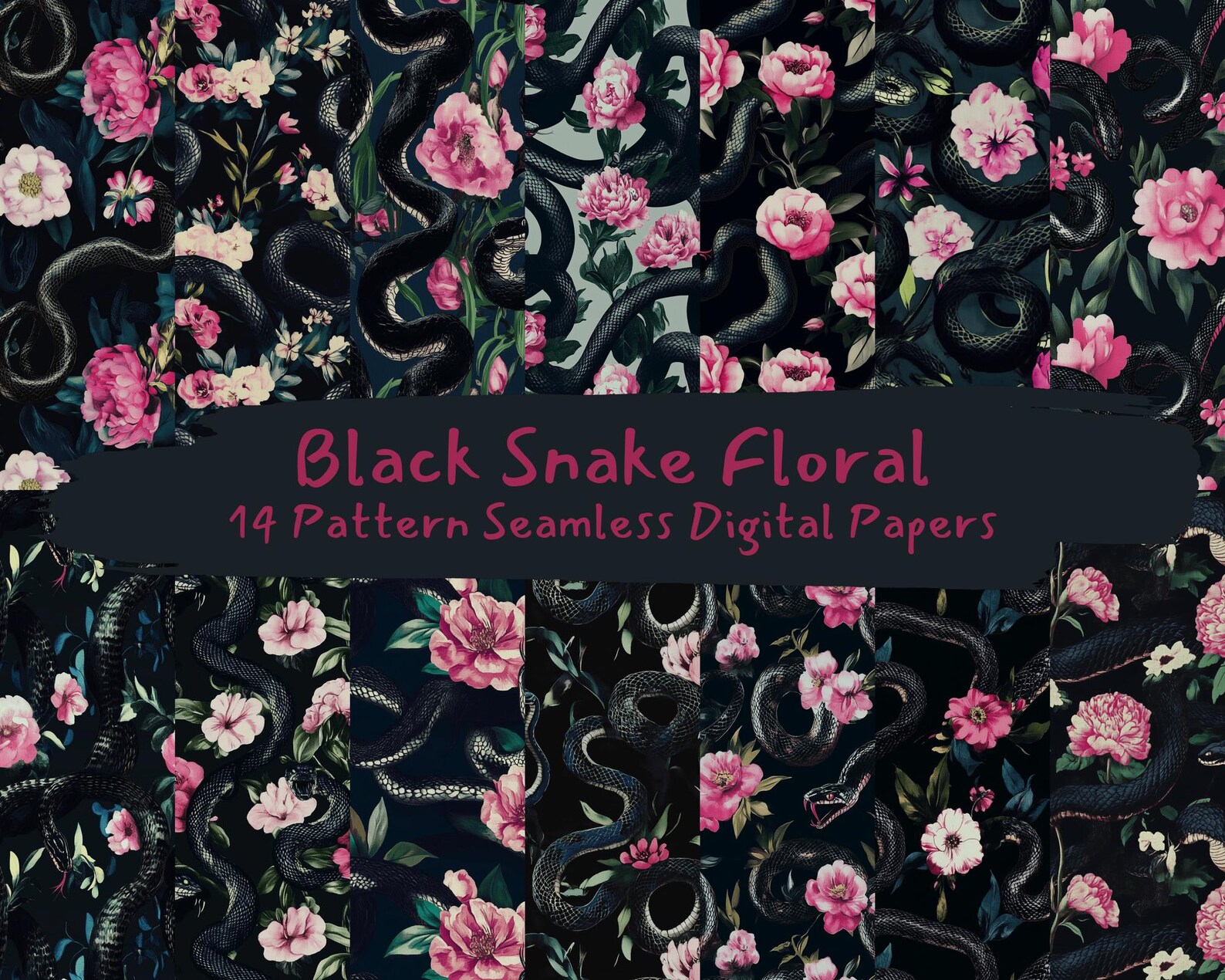 Black Snake Floral Pattern Seamless Digital Papers - Printable ...