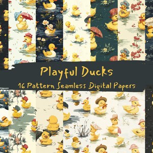 May include: A set of 16 digital paper patterns featuring playful ducks in various poses and colours. The patterns are seamless and can be used for scrapbooking, card making, and other craft projects. The text "Playful Ducks" and "16 Pattern Seamless Digital Papers" is included in the image.