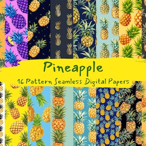 May include: A set of 16 digital papers featuring seamless patterns of pineapples in various colors and styles. The patterns are perfect for crafting, scrapbooking, and other creative projects.