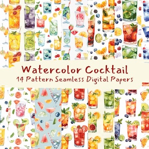 Watercolor Cocktail Pattern Seamless Digital Papers - printable scrapbook paper instant download, commercial use, 300dpi