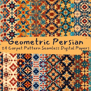 May include: A set of 24 digital papers featuring geometric Persian carpet patterns. The patterns are in a variety of colors, including red, blue, yellow, and green. The papers are seamless and can be used for a variety of projects, such as scrapbooking, card making, and digital design.