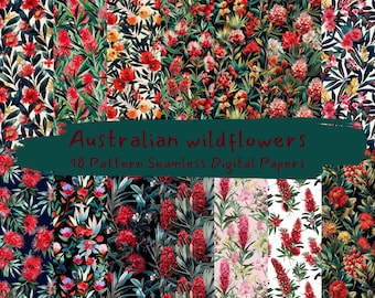 May include: 18 digital paper designs featuring vibrant red, pink, and yellow Australian wildflowers with green leaves on various backgrounds. The text "Australian wildflowers 18 Pattern Seamless Digital Papers" is displayed on a teal background.