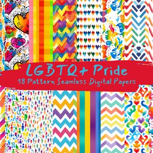 May include: A set of 18 digital papers featuring LGBTQ+ pride themed patterns. The patterns include rainbows, hearts, chevrons, and more. The papers are perfect for creating digital projects, such as invitations, cards, and scrapbook pages.