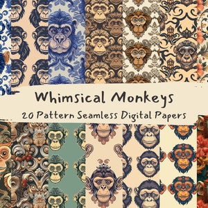 May include: A set of 20 digital papers featuring whimsical monkey illustrations in various colors and patterns. The monkeys are depicted in a vintage style with intricate details. The papers are perfect for creating unique projects, such as scrapbooking, card making, and digital art.