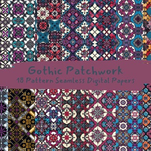 Op de afbeelding: Een digitaal papierpakket met 18 naadloze patronen met een gotisch patchwork-ontwerp. De patronen zijn in tinten paars, blauw, rood en zwart met ingewikkelde geometrische vormen.