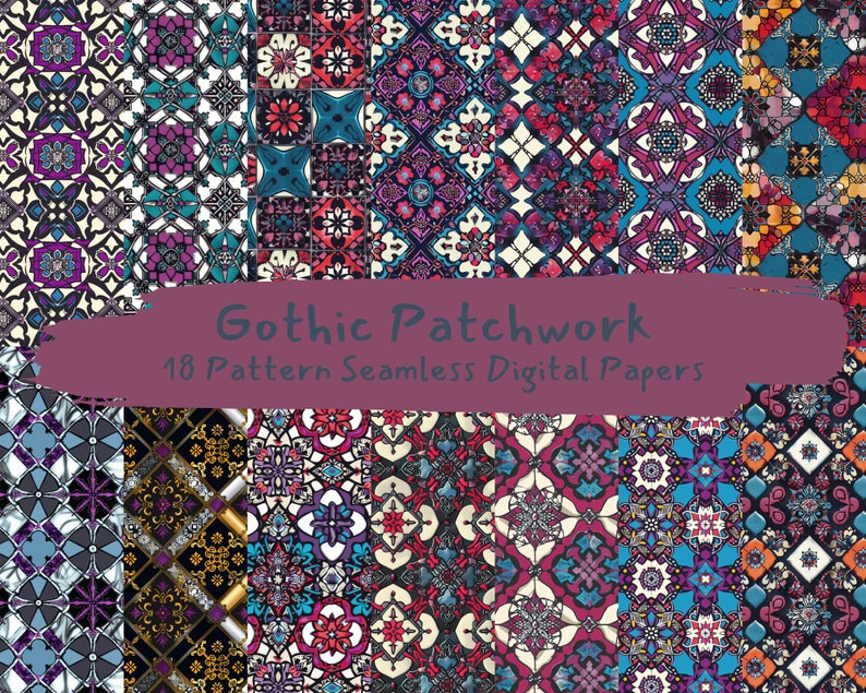 Gothic Patchwork Pattern Seamless Digital Papers - printable scrapbook paper instant download, commercial use, 300dpi image 1