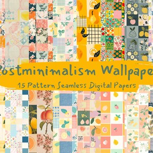 May include: A digital paper pack with 15 seamless patterns featuring a variety of fruits, flowers, and geometric designs in a post-minimalism style. The patterns are in a yellow, orange, pink, blue, and green color palette.