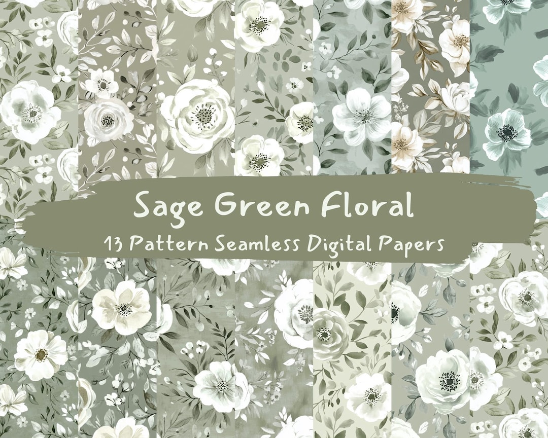 Sage Green Floral Pattern Seamless Digital Papers - Printable Scrapbook ...