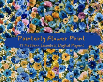 Painterly Flower Print Pattern Seamless Digital Papers - printable scrapbook paper png instant download commercial use 300dpi