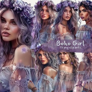 Boho Girl printable clipart, png format, transparent background, instant download, commercial use, 300dpi