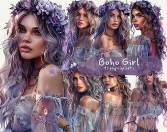 Boho Girl printable clipart, png format, transparent background, instant download, commercial use, 300dpi
