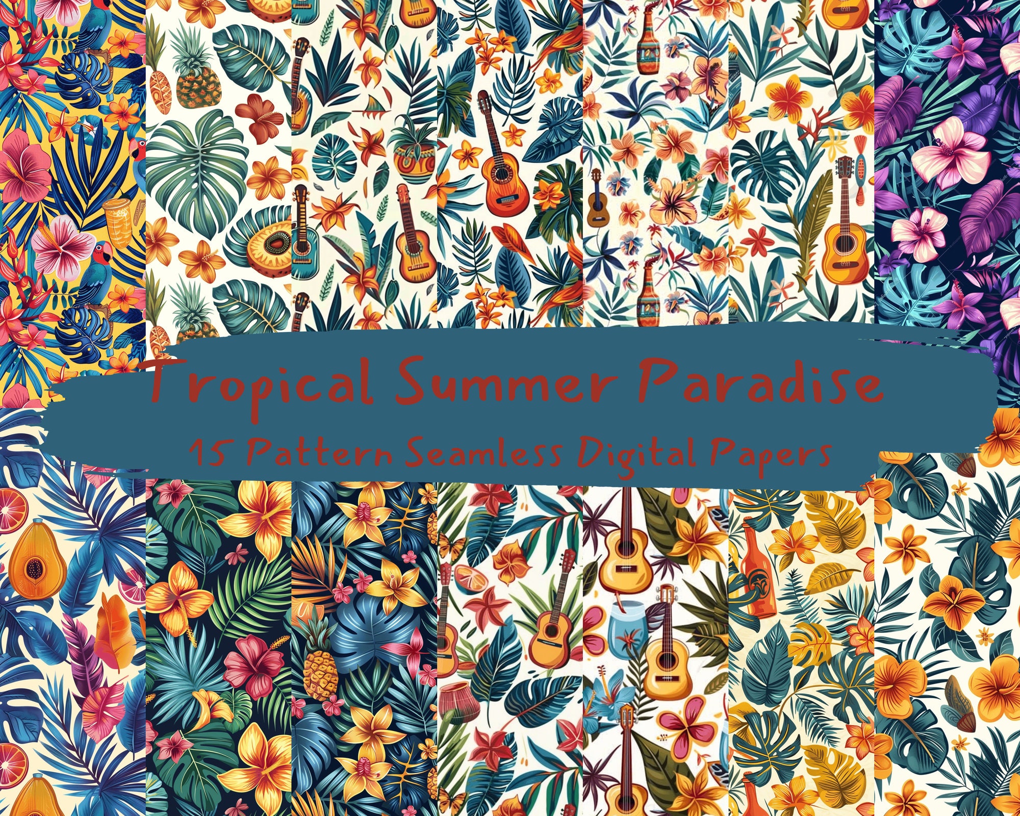 Tropisches Sommerparadies Muster nahtlose digitale Papiere - printable Scrapbook Papier png sofortiger Download kommerzielle Nutzung 300dpi