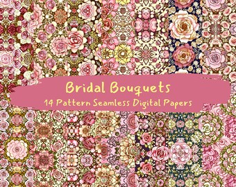 Puede incluir: Un conjunto de 14 papeles digitales con patrones sin costuras de ramos florales rosas y blancos. Los patrones son perfectos para manualidades, scrapbooking y proyectos de diseño digital. "Bridal Bouquets" está escrito en texto amarillo sobre un fondo rosa.
