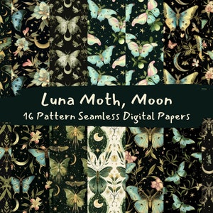 Luna Moth, Moon Pattern Seamless Digital Papers - printable scrapbook paper instant download, commercial use, 300dpi