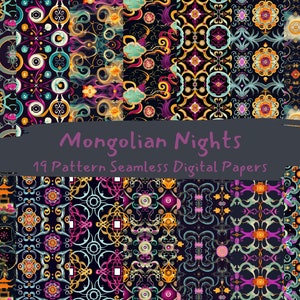 May include: A set of 19 digital papers featuring colorful, intricate patterns inspired by Mongolian culture. The patterns include geometric shapes, floral motifs, and traditional symbols. The papers are perfect for creating unique and eye-catching designs.