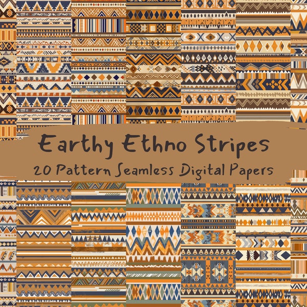 Earthy Ethno Stripes Pattern Seamless Digital Papers - printable scrapbook paper instant download, commercial use, 300dpi