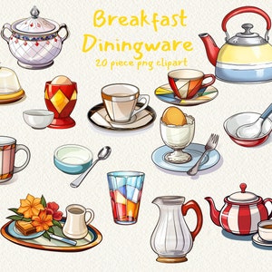 Może przedstawiać: Zestaw 20 kolorowych ilustracji zastawy stołowej do śniadania, w tym czajnik, cukiernica, filiżanki, spodki, dzbanek, szklanka, jajko i talerz. Ilustracje są w stylu kreskówkowym i przedstawiają geometryczne wzory.