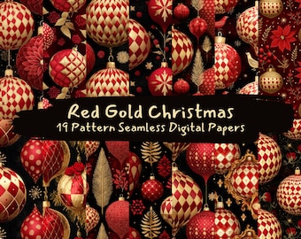 Red Gold Christmas Pattern Seamless Digital Papers - printable scrapbook paper png instant download commercial use 300dpi