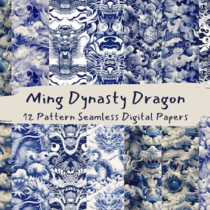 May include: A set of 12 digital papers featuring seamless patterns of blue and white Ming Dynasty dragons. The patterns include dragon faces, scales, and clouds.