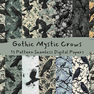 May include: A set of 13 digital paper patterns featuring gothic mystic crows in various poses and settings. The patterns are seamless and can be used for a variety of creative projects.