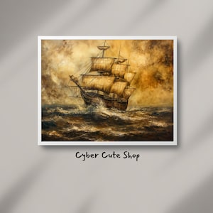 Vintage Nautical Oil Painting - Majestic Tall Ship at Sea Digital Download, Classic Maritime Decor, Timeless Oceanic Wall Art, Nautical Gift