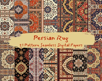 May include: A digital paper pack featuring 21 seamless patterns inspired by Persian rugs. The patterns are intricate and colorful, with a variety of geometric designs. The pack includes a variety of colors, including red, blue, green, and gold.