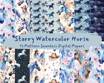 Starry Watercolor Horse Pattern Seamless Digital Papers - printable scrapbook paper png instant download commercial use 300dpi