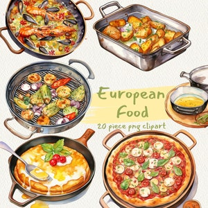 Europees eten, digitale afdrukbare clip art-afbeeldingen in PNG-formaat transparante instant download voor commercieel gebruik, paella, pizza, aardappel