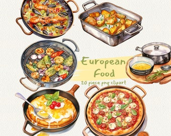 European Food, digital printable clip art graphics in PNG format transparent instant download for commercial use, Paella, Pizza, Potato