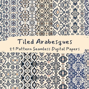 Peut inclure: Un ensemble de 21 papiers numériques présentant des motifs d'arabesques carrelés en bleu, blanc et or. Les motifs sont complexes et géométriques, et ils seraient parfaits pour créer des fonds, du scrapbooking ou d'autres projets d'artisanat.